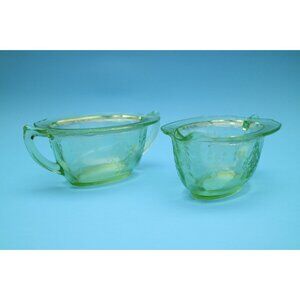 Vintage Green Uranium Depression Glass Set, Creamer Sugar Bowl, Princess Pattern